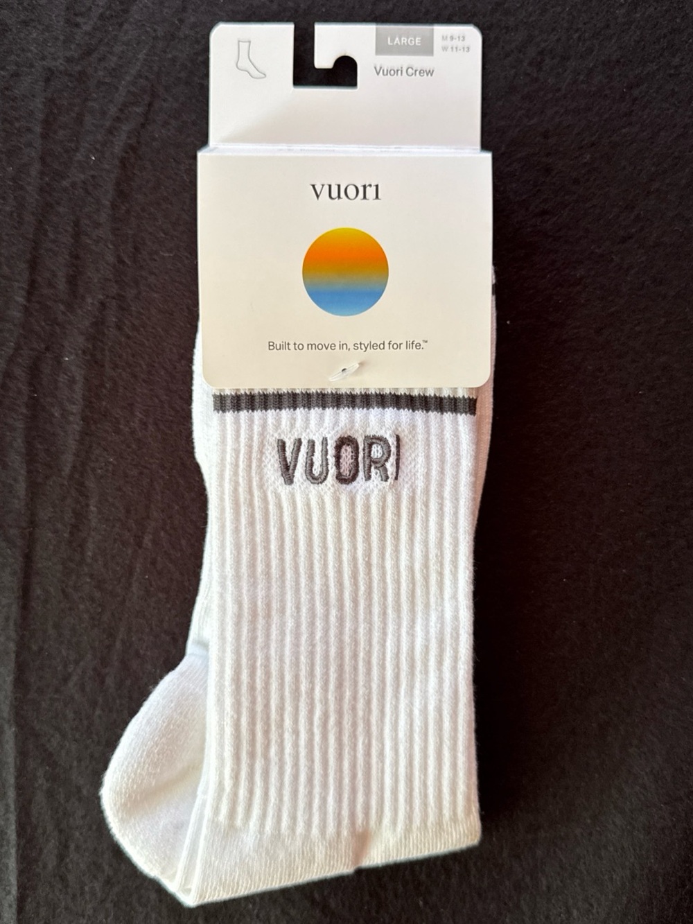 Vuori White Crew Athletic Socks with Gray Logo Detail size large